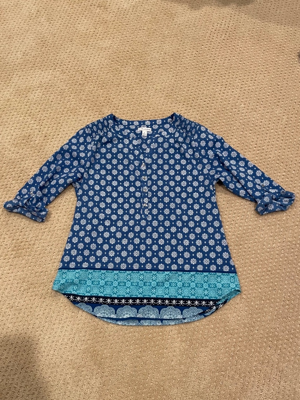 Croft & Barrow Blue Mandala Geometric Print Roll Tab Tunic Blouse M